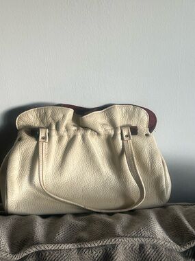 Cream Leather Drawstring Shoulder Bag